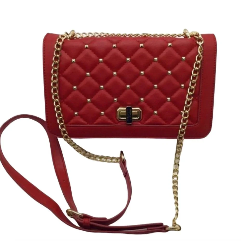 Badgley Mischka Red Quilted Flap Faux Leather Purse